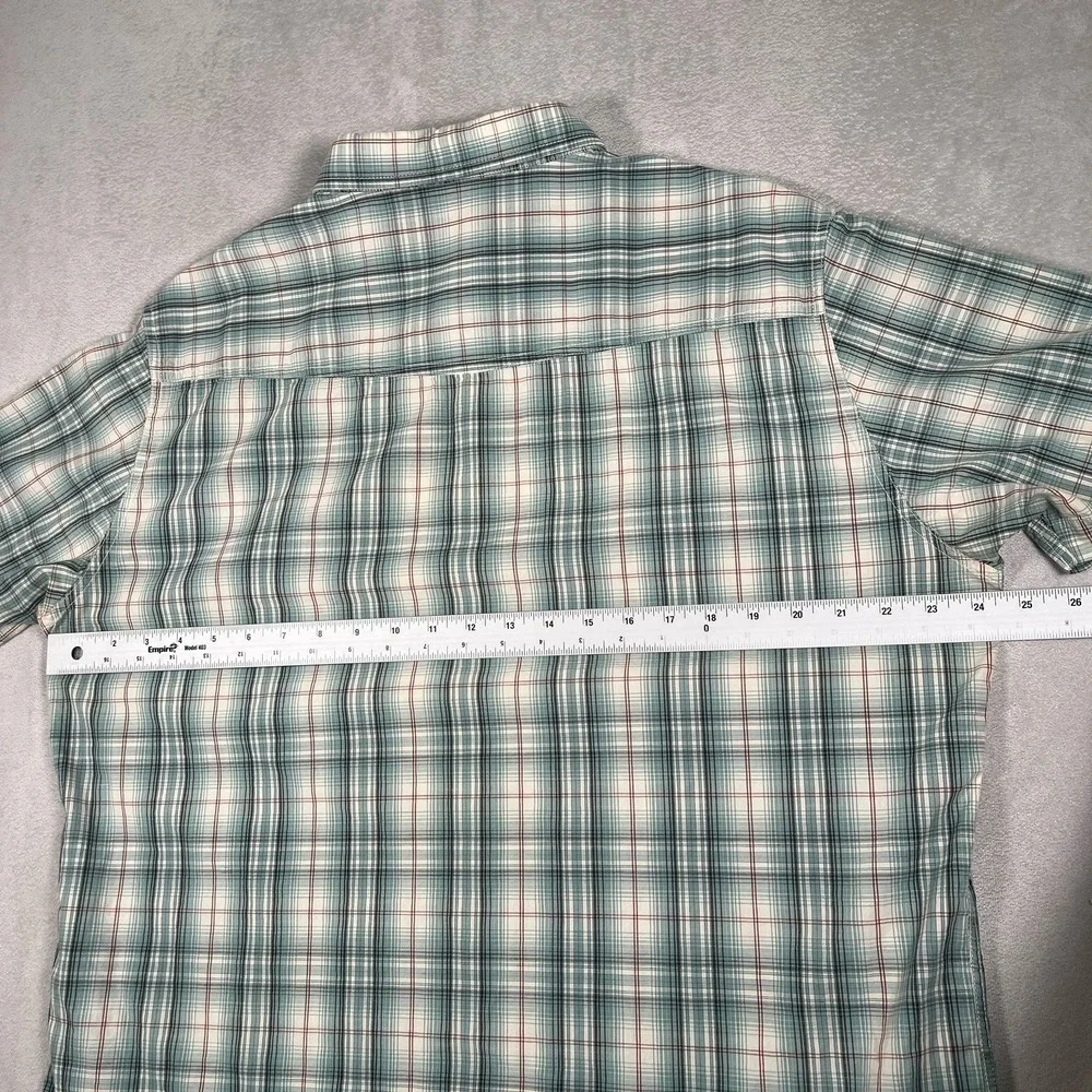 KUHL Mens XL Shirt Plaid Short Sleeve Button Cotton Linen Green Sunglasses Wipe